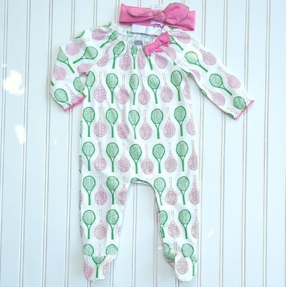 Mud Pie Other - Mud Pie Pink and Green Tennis Print Footie